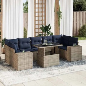 8 pcs conjunto sofás jardim almofadões vime PE/acácia cinzento