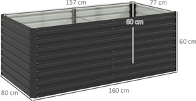 Floreira jardim 160 x 80 x 60 cm elevada galvanizada retangular para exterior - fundo aberto cinzenta
