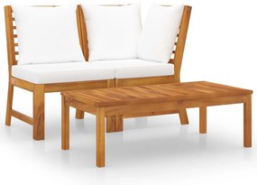 3 pcs conjunto lounge jardim c/ almofadões cor creme acácia