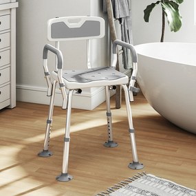 Banco de duche, cadeira de duche ergonómica, altura ajustável, pés antiderrapantes, 56,5 x 53,5 x 87 cm, branco e cinzento