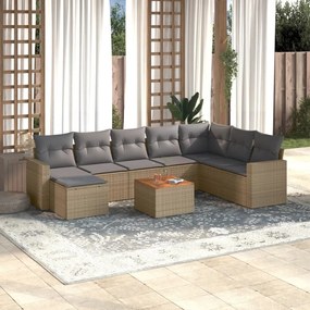 9 pcs conj. sofás jardim c/ almofadões vime PE bege misturado