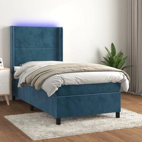 Cama box spring c/ colchão/LED 100x200 cm veludo azul-escuro