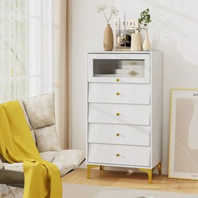 Cómoda 4 gavetas moderna 60 x 40 x 112,5 cm com porta de vidro canelado e gavetas extraíveis Pernas metálicas Branca