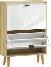 HOMCOM Sapateira Estreita com 2 Portas em Branco Brilhante e Estantes Ajustáveis Pés de Madeira para 12 Pares de Sapatos 60x24x91 cm | Aosom Portugal