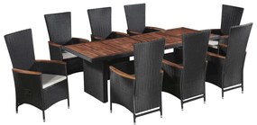 vidaXL 9 pcs conjunto jantar exterior com almofadões vime PE preto