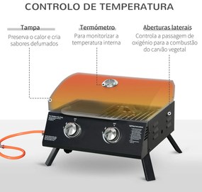 Outsunny Barbecue a Gás Dobrável com 2 Queimadores Churrasqueira à Gás Portátil com Termómetro para Campismo Piquenique ao Ar Livre Jardim 55x46,5x41cm Preto