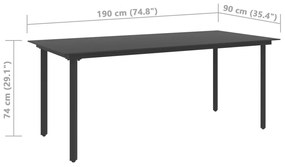 Mesa de jantar para jardim 190x90x74 cm aço e vidro preto