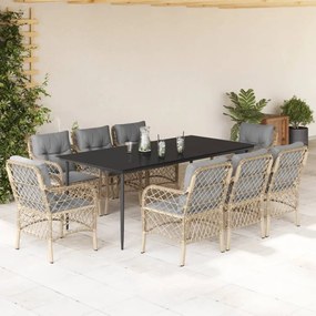 9 pcs conj. jantar jardim c/ almofadões vime PE bege misturado