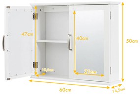 Armário de casa de banho em madeira com espelho de parede com duas portas 60 x 14,5 x 50 cm branco