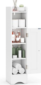 Armário estreito para casa de banho com porta e prateleiras ajustáveis, suporte para rolo de papel higiénico 18 x 19,5 x 80 cm Branco