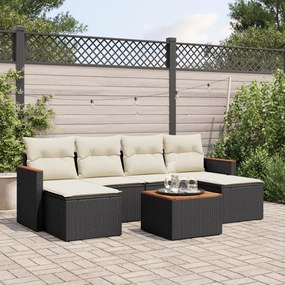 7 pcs conjunto de sofás p/ jardim c/ almofadões vime PE preto