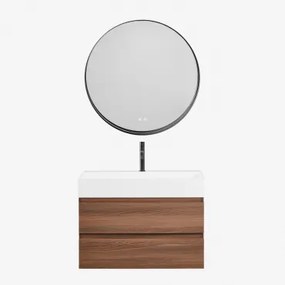 Conjunto De Móvel De Casa De Banho Suspenso Em Madeira E Folha De Freixo Com Lavatório Integrado Ona Madeira Escura & Redondo Led - Sklum