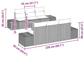 Conjunto de Sofás de Jardim com 7 Peças e Almofadas Preto Rattan Polié