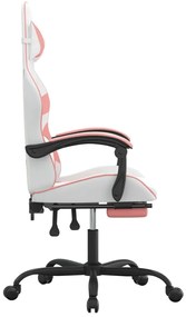 Cadeira gaming com apoio p/ pés couro artificial branco e rosa