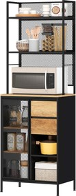 Armário de cozinha 60 x 40 x 180 cm, com porta de correr, gavetas e prateleiras abertas, efeito de madeira natural, preto