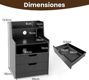 Mesa de cabeceira LED com estação de carregamento com 2 gavetas e prateleira aberta 45 x 35 x 72,5 cm Preto