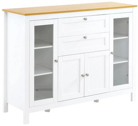 HOMCOM Aparador Branco de Cozinha com 2 Gavetas 2 Portas de Vidro e Prateleiras Ajustáveis Móvel de Armazenamento 120x40x90 cm Branco | Aosom Portugal
