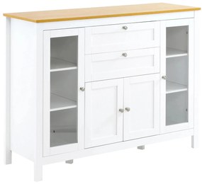 HOMCOM Aparador Branco de Cozinha com 2 Gavetas 2 Portas de Vidro e Prateleiras Ajustáveis Móvel de Armazenamento 120x40x90cm | Aosom Portugal