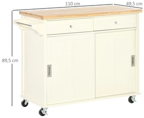 Carrinho de Cozinha com 2 Armários Porta Corredeira 2 Gavetas e Barra para Panos Móvel Aparador com Rodas para Sala de Jantar 110x49,5x89,5cm Creme