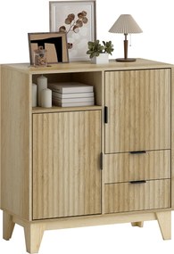 Aparador de sala, móvel de arrumação, 2 portas, 2 gavetas, prateleira ajustável, compartimento aberto, 80 x 40 x 90 cm, cor natural