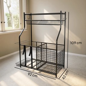 Organizador de Equipamentos Desportivos com Cesto Ganchos Removíveis e Faixas Elásticas Suporte para Bolas 92x42x109 cm Preto