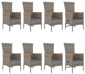 9 pcs conjunto de jantar p/ jardim c/ almofadões vime PE cinza