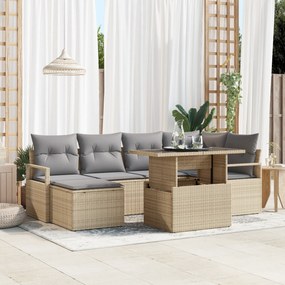 Conjunto de Sofá de Jardim de 7 Peças com Almofadas Bege Rattan Poliés