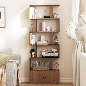 Estante de 5 Níveis com Armário de 2 Portas, 70 x 23 x 183 cm, Design em Forma de S, Natural