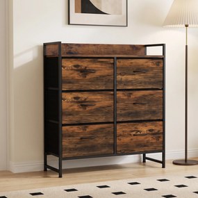 Cômoda, móvel de arrumação para quarto 6 gavetas tecido não tecido estrutura em aço, 80 x 29 x 85 cm, efeito madeira mogno