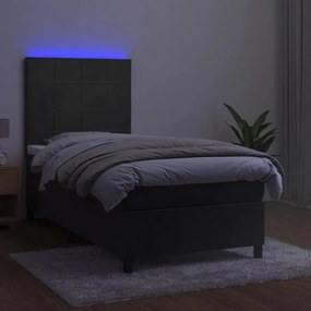 Cama box spring c/ colchão/LED 90x200 cm veludo cinzento-escuro