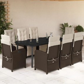 9 pcs conjunto jantar p/ jardim c/ almofadões vime PE castanho