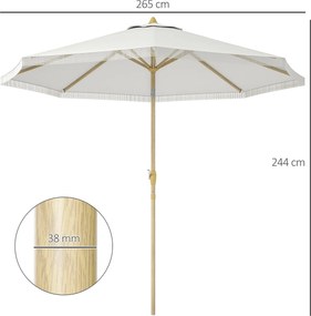 Guarda-sol de jardim inclinável com manivela e franjas, estilo boémio, 8 varas, Ø 265 x 244 cm, branco