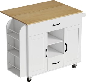 HOMCOM Ilha de Cozinha com Rodízios, bancada extensível, portas de armário Soft-Close, gavetas, suporte para toalhas, MDF, Branco | Aosom Portugal