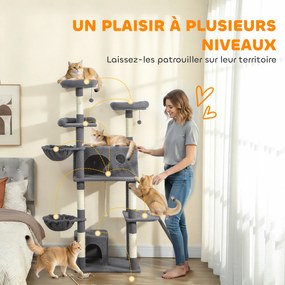 Arranhador para gatos com torre de brincadeiras, arranhador, 3 camas, 2 compartimentos abertos, plataformas e 3 brinquedos suspensos; altura: 174 cm;