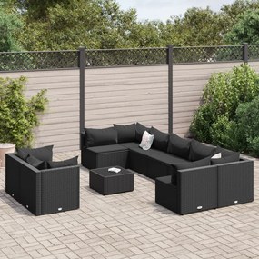 vidaXL 10 pcs conjunto sofás de jardim c/ almofadões vime PE preto