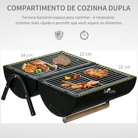 Outsunny Churrasqueira portátil a carvão com 2 grelhadores Cozinha com puxador e fechadura para churrasco Picnic Camping 42x26x42 cm Preto