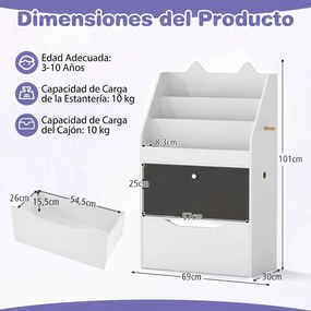Estante Infantil para Livros e Brinquedos, 69 x 30 x 101 cm, Quadro de Ardósia Integrado, Branco