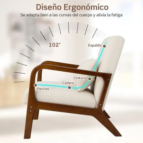 Poltrona Moderna 79 x 65 x 77 cm com Estrutura em Madeira de Borracha Almofada Lombar Almofadas de Feltro Antiderrapantes Bege