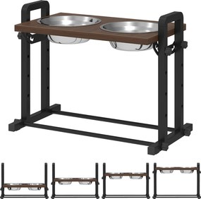 PawHut Comedouro elevado para cães, 4 alturas ajustáveis com suporte, 2 x 1,2 L tigelas de aço inoxidável, 3 ângulos ajustáveis, Castanho | Aosom Portugal
