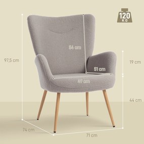 Poltrona de sala, poltrona auxiliar estofada em tecido bouclé com encosto alto e braços, 71 x 74 x 97,5 cm, cinzento
