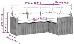 4 pcs conjunto sofás de jardim c/ almofadões vime PE cinzento