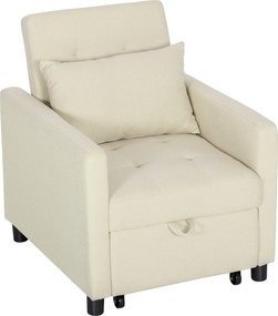 Sofá Cama Individual Poltrona com 4 Rodas Encosto Reclinável Almofada Extra e Assento Acolchoado 69x82,5x84 cm Bege