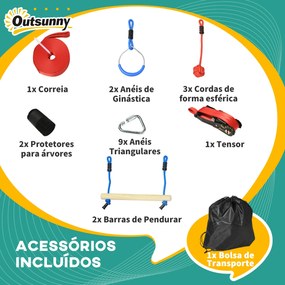 Circuito de Obstáculos Ninja para Crianças com Corda de 10 m Barras de Madeira Anéis de Ginástica Protetor de Árvore