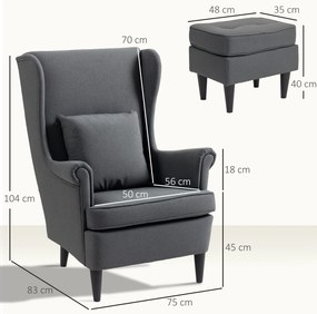 Poltrona com Apoio para Pés Poltrona de Leitura com Encosto Alto Capitonê e Pés de Madeira 75x83x104 cm Cinzento Escuro