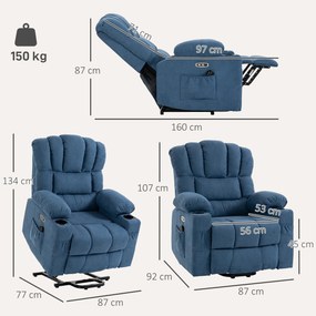 Poltrona Relax Reclinável Elétrico Elevatório com Massagem, Aquecimento, Assento Largo, USB-C/USB-A e Bolsos Azul