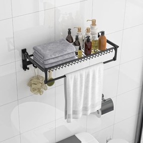 Toalheiro de casa de banho dobrável com barra ajustável e ganchos móveis Estante de alumínio resistente à ferrugem e à água 59,5 x 26 x 14 cm Preto