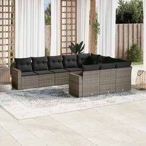 10 pcs conjunto sofás de jardim c/ almofadões vime PE cinzento