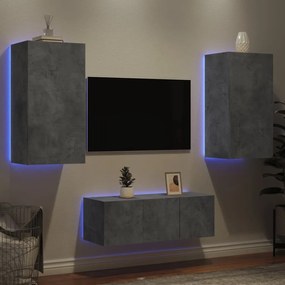 4 pcs móveis parede p/ TV c/ LEDs deriv. madeira cinza cimento