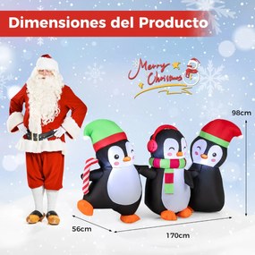 Conjunto de 3 pinguins insufláveis de Natal com iluminação LED Ventilador para pátio, relva, jardim 170 x 56 x 98 cm Multicolor