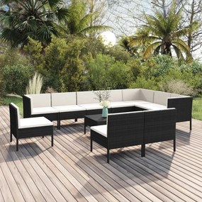 vidaXL 11 pcs conjunto lounge de jardim c/ almofadões vime PE preto